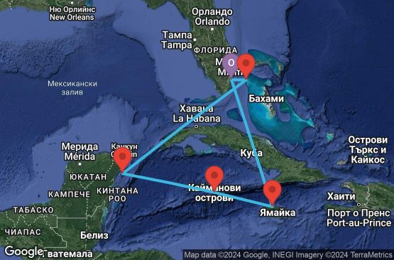 Маршрут на круиз 7 дни САЩ, Бахамските острови, Мексико, Каймановите острови, Ямайка - 07W658