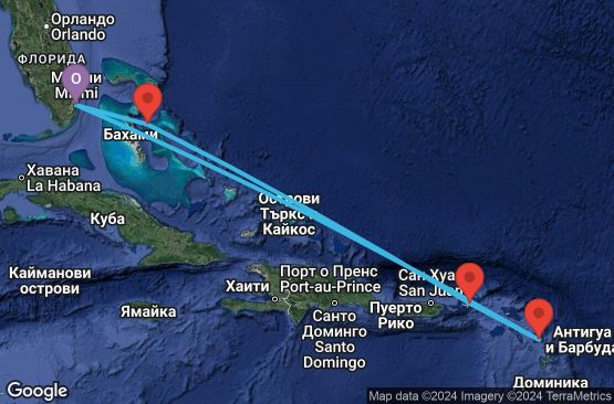 Маршрут на круиз 7 дни САЩ, Бахамските острови, Вирджински острови (Великобритания), Антигуа и Барбуда - 07E452