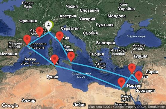 Маршрут на круиз 14 дни Италия, Израел, Кипър, Египет, Тунис, Испания, Франция - SVN14A3D