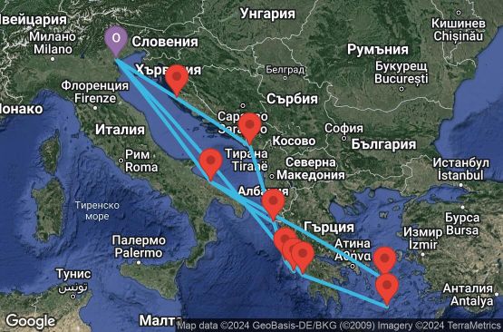 Маршрут на круиз 14 дни Италия, Гърция, Черна гора, Хърватска - PMA14A0C