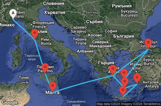 Маршрут на круиз 12 дни Италия, Малта, Гърция, Турция - SVN12A0G