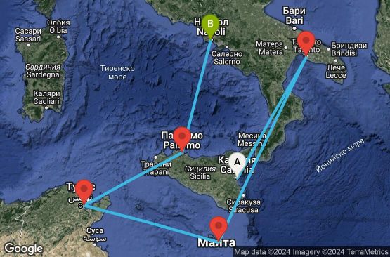 Маршрут на круиз 6 дни Италия, Малта, Тунис - CTA06A05