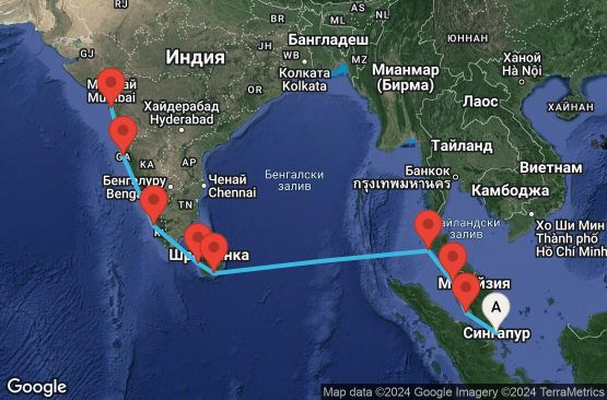 Маршрут на круиз 14 дни Сингапур, Малайзия, Тайланд, Шри Ланка, Индия - 14I162