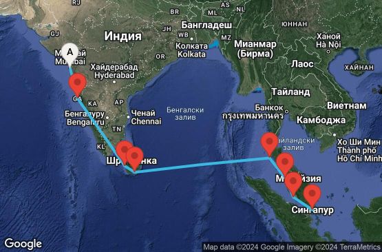 Маршрут на круиз 12 дни Индия, Шри Ланка, Тайланд, Малайзия, Сингапур - 12I155