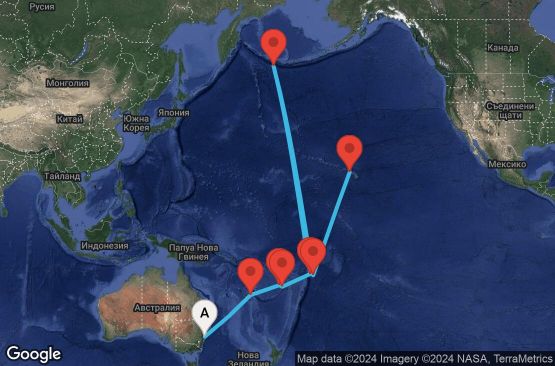 Маршрут на круиз 16 дни Австралия, Нова Каледония, Фиджи, Самоа, Американска Самоа, САЩ - 16T105