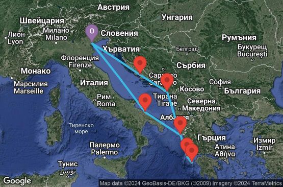 Маршрут на круиз 7 дни Италия, Гърция, Черна гора, Хърватска - PMA07018