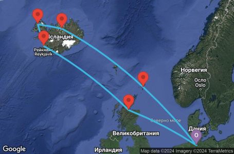 Маршрут на круиз 11 дни Северни острови и Исландия от Германия - UURW