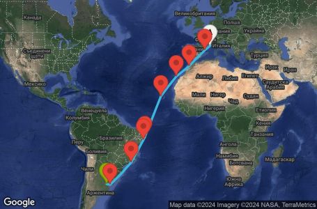 Маршрут на круиз 22 дни Франция, Испания, Мароко, Кабо Верде, Бразилия, Уругвай, Аржентина - MRS22A04