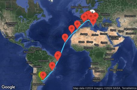 Маршрут на круиз 28 дни Италия, Хърватска, Франция, Испания, Мароко, Кабо Верде, Бразилия, Уругвай, Аржентина - TRS28A00