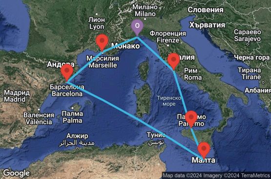 Маршрут на круиз 7 дни Италия, Малта, Испания, Франция - SVN07A2V