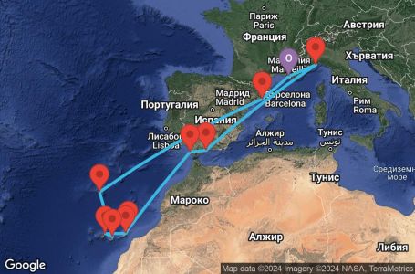 Маршрут на круиз 14 дни Франция, Италия, Испания, Португалия - MRS14A2Y