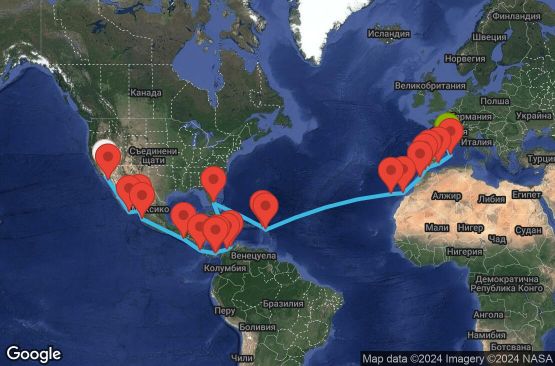 Маршрут на круиз 40 дни САЩ, Мексико, Гватемала, Коста Рика, Панама, Колумбия, Сен Бертелеми, Антигуа и Барбуда, Испания, Мароко - EX20240512LAXBCN