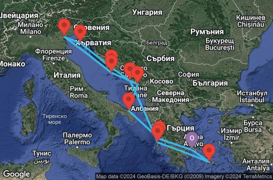 Маршрут на круиз 15 дни Гърция, Хърватска, Италия, Черна гора - EX20240705PIRPIR