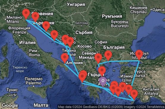 Маршрут на круиз 29 дни Гърция, Турция, Хърватска, Италия, Черна гора - EX20240719PIRPI1