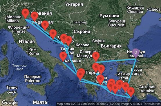 Маршрут на круиз 29 дни Турция, Гърция, Хърватска, Италия, Черна гора - EX20240726ISTIST