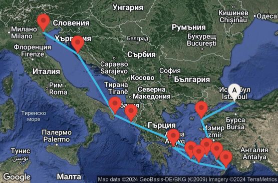 Маршрут на круиз 15 дни Турция, Гърция, Италия, Хърватска - EX20240823ISTPMA