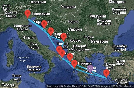 Маршрут на круиз 15 дни Гърция, Италия, Хърватска, Черна гора - EX20240830PIRPIR