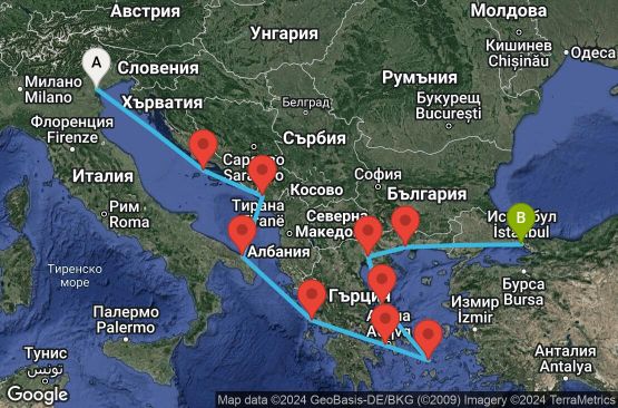 Маршрут на круиз 15 дни Италия, Хърватска, Черна гора, Гърция, Турция - EX20240906PMAIST