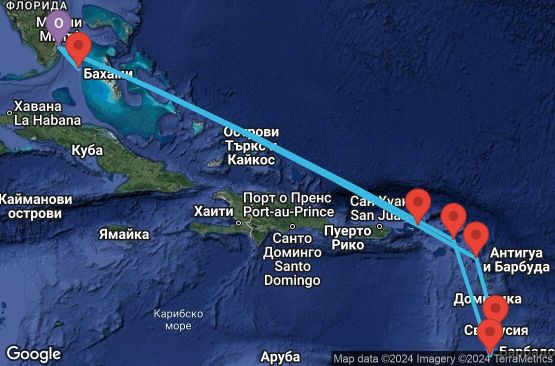 Маршрут на круиз 22 дни САЩ, Мексико, Бахамските острови, Сен Бертелеми, Гваделупа, Сейнт Винсент и Гренадини, Сейнт Луша, Антигуа и Барбуда, Вирджински острови (Великобритания) - EP20250114MIAMI1