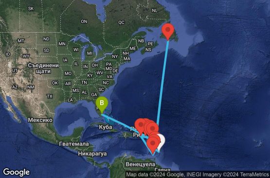 Маршрут на круиз 15 дни Барбадос, Сейнт Луша, Сен Пиер и Микелон, Сейнт Винсент и Гренадини, Гренада, Пуерто Рико, Сен Бертелеми, Антигуа и Барбуда, Сейнт Китс и Невис, Вирджински острови (Великобритания), САЩ - EP20250228BGIMIA