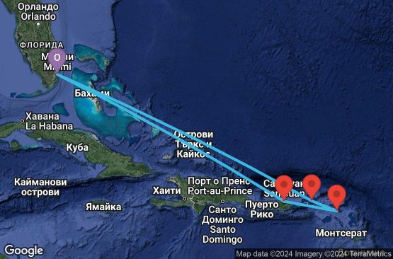 Маршрут на круиз 10 дни САЩ, Доминиканска република, Пуерто Рико, Сен Бертелеми, Вирджински острови (Великобритания) - EX20250315MIAMIA
