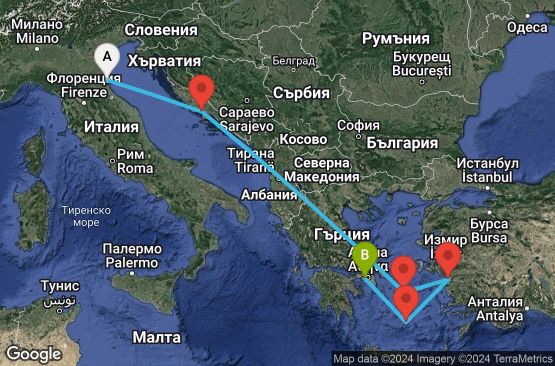 Маршрут на круиз 6 дни Италия, Хърватска, Гърция, Турция - 06M091