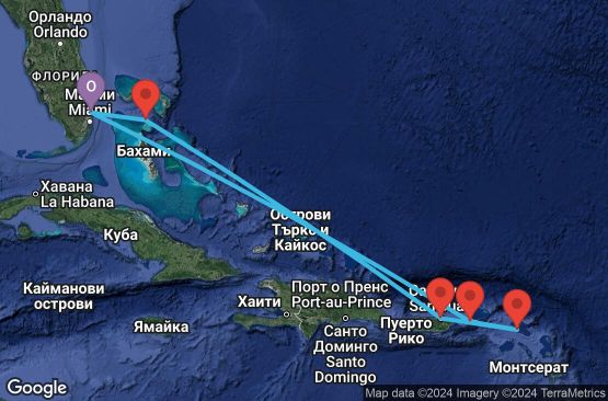 Маршрут на круиз 8 дни САЩ, Вирджински острови (САЩ), Холандски Антили, Пуерто Рико, Бахамските острови - 08E145