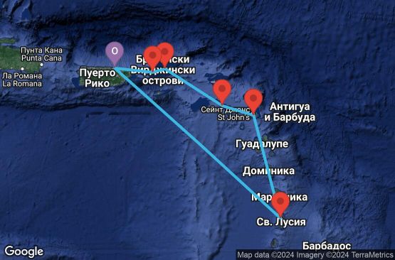 Маршрут на круиз 7 дни Пуерто Рико, Вирджински острови (САЩ), Вирджински острови (Великобритания), Сейнт Китс и Невис, Антигуа и Барбуда, Сейнт Луша - 07D411