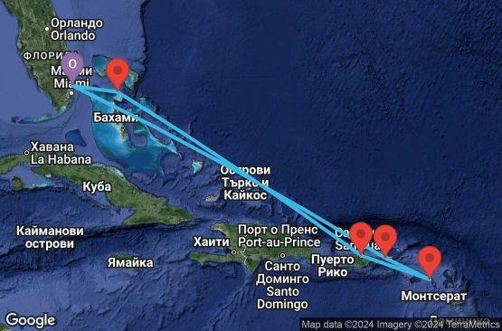 Маршрут на круиз 8 дни САЩ, Вирджински острови (САЩ), Сейнт Китс и Невис, Пуерто Рико, Бахамските острови - 08E144