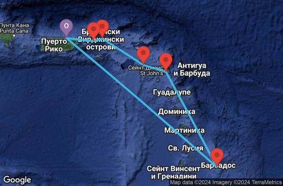 Маршрут на круиз 7 дни Пуерто Рико, Вирджински острови (САЩ), Вирджински острови (Великобритания), Сейнт Китс и Невис, Антигуа и Барбуда, Барбадос - 07D422