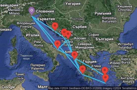 Маршрут на круиз 14 дни Италия, Черна гора, Гърция, Хърватска - PMA14A02