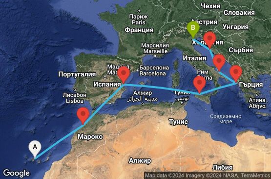 Маршрут на круиз 11 дни Испания, Мароко, Италия, Гърция, Хърватска - UV0C