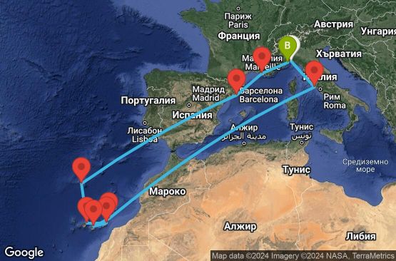 Маршрут на круиз 14 дни Италия, Испания, Португалия, Франция - GOA14A06