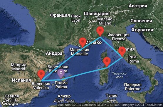 Маршрут на круиз 7 дни Испания, Италия, Франция - PMI07A2J