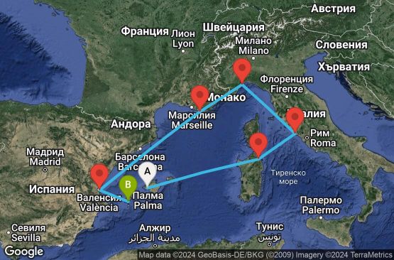 Маршрут на круиз 7 дни Испания, Италия, Франция - PMI07A2K