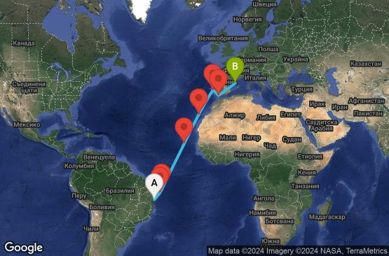 Маршрут на круиз 15 дни Бразилия, Кабо Верде, Испания, Португалия - SSA15A0B
