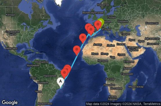 Маршрут на круиз 18 дни Бразилия, Кабо Верде, Испания, Португалия, Франция - RIO18A0A