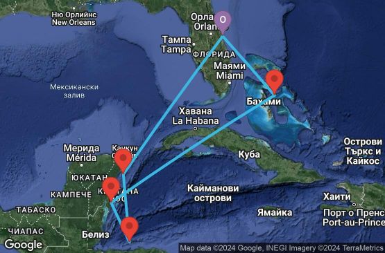 Маршрут на круиз 7 дни САЩ, Бахамските острови, Мексико, Хондурас - 07W671