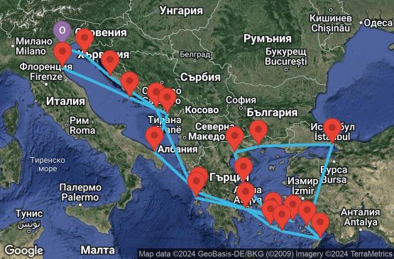 Маршрут на круиз 29 дни Италия, Хърватска, Черна гора, Гърция, Турция - EX20240712FSAFSA