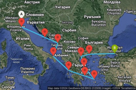 Маршрут на круиз 15 дни Италия, Хърватска, Черна гора, Гърция, Турция - EX20240712FSAIST