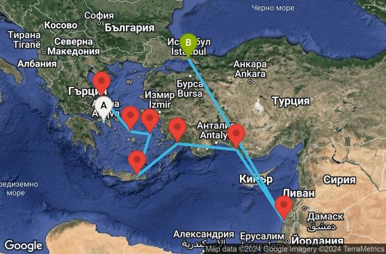 Маршрут на круиз 13 дни Гърция, Турция, Израел - EX20250926PIRIST
