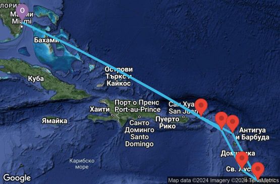 Маршрут на круиз 10 дни САЩ, Вирджински острови (Великобритания), Антигуа и Барбуда, Барбадос, Сейнт Луша, Сейнт Китс и Невис - 10D086