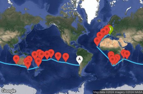 Маршрут на круиз 83 дни Чили, Великобритания, Френска Полинезия, Острови Кук, Тонга, Фиджи, Нова Каледония, Нова Зеландия, Австралия, Мавриций, Мадагаскар, Южна Африка, Намибия, Кабо Верде, Испания, Франция, Италия - SAC83A01