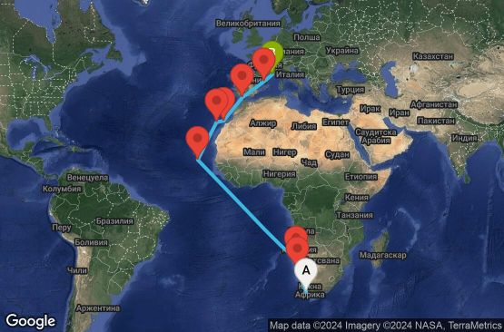 Маршрут на круиз 21 дни Южна Африка, Намибия, Кабо Верде, Испания, Франция - CPT21A01