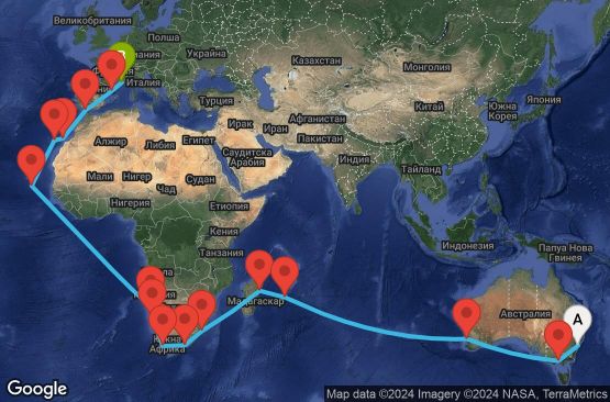 Маршрут на круиз 47 дни Австралия, Мавриций, Мадагаскар, Южна Африка, Намибия, Кабо Верде, Испания, Франция - SYD47A01