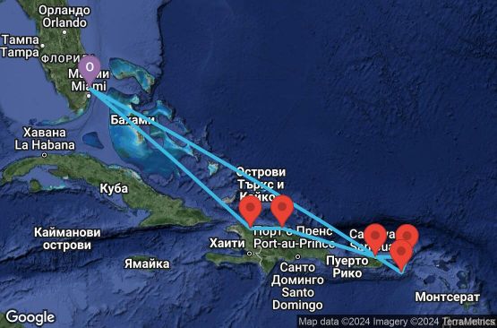 Маршрут на круиз 9 дни САЩ, Хаити, Доминиканска република, Пуерто Рико, Вирджински острови (Великобритания), Вирджински острови (САЩ) - 09E056
