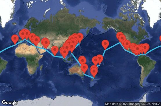 Маршрут на круиз 118 дни Италия, Франция, Испания, Бразилия, Португалия, Барбадос, Гренада, Холандски Антили, Колумбия, Коста Рика, Панама, Никарагуа, Гватемала, Мексико, САЩ, Самоа, Фиджи, Нова Зеландия, Австралия, Филипини, Тайван, Япония, Южна Корея, Китай, Хонг Конг, Виетнам, Сингапур, Малайзия, Шри Ланка, Обединени арабски емирства, Оман, Йордания, Египет, Гърция - UULM