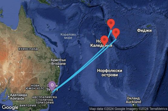 Маршрут на круиз 8 дни Австралия, Нова Каледония, Вануату - 08K114