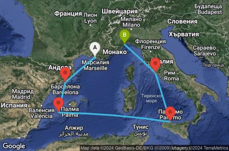 Маршрут на круиз 6 дни Франция, Испания, Италия - MRS06A1I