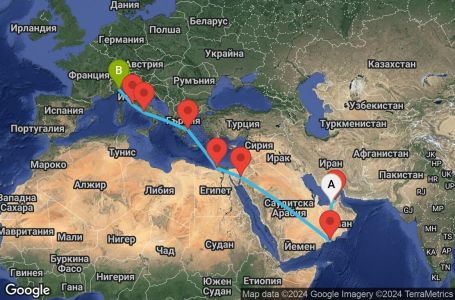 Маршрут на круиз 21 дни Обединени арабски емирства, Оман, Йордания, Египет, Гърция, Италия - AUH21A04